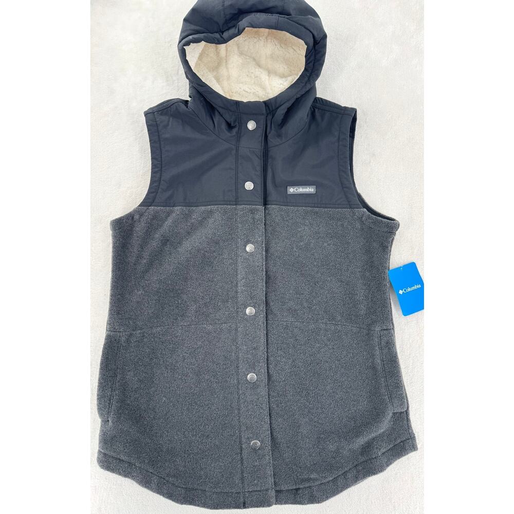 Columbia Womens Benton Springs Black Gray Tunic Vest Hooded Fleece Large NWT